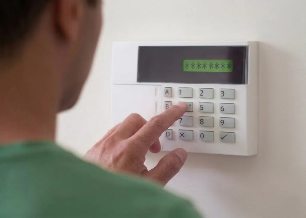 Používateľ zapína domáci alarm pred odchodom z domu